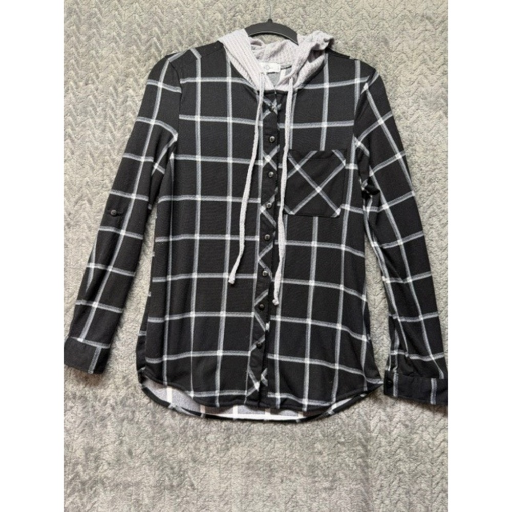 Eden & Olivia  Plaid Hooded Button Down Shirt Small Roll Tab Sleeve 0743